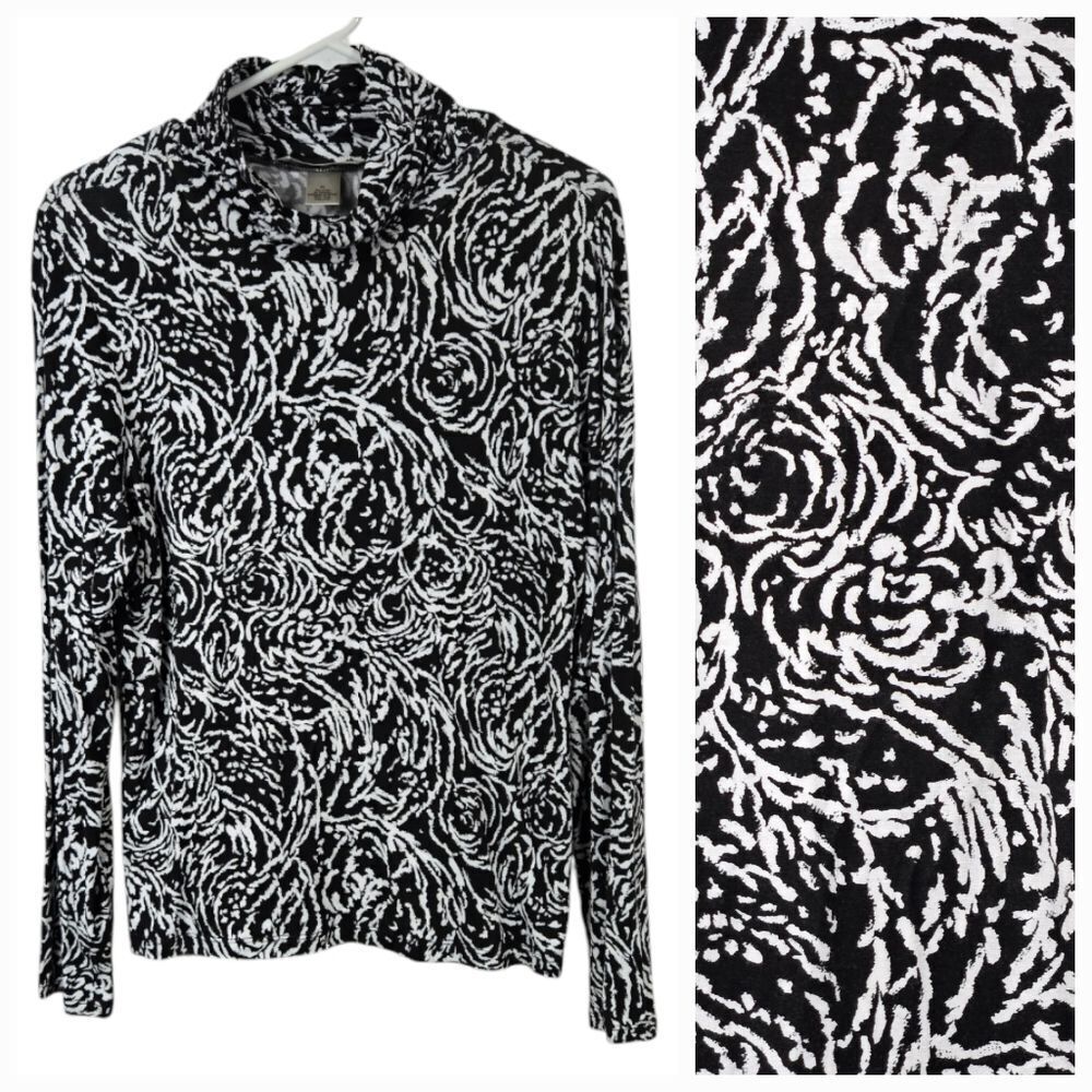 Jillian Nicole Mock Neck Long Sleeve Tee Black & White Abstract Rose Knit Top XL